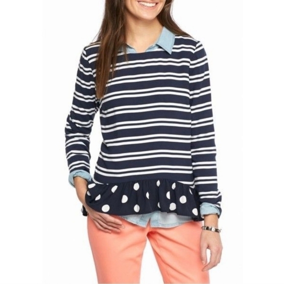 Crown Ivy striped Navy blouse top size 0X ruffle polka dot preppy  💖2/$30 - Picture 3 of 14